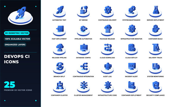 Devops ci cd 3d icon set pipeline deployment continuous integration delivery server git automation vector isolated