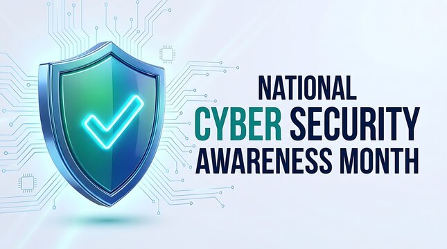 National cybersecurity awareness month concept with secure shield icon and checkmark on white technological background with circuit lines.