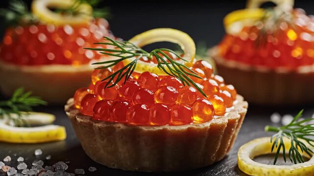 Red caviar tartlets garnished with dill and lemon