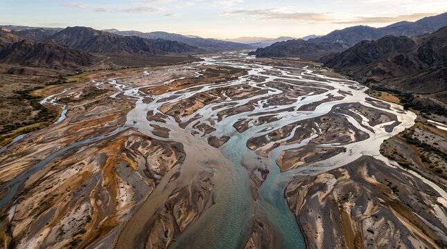 Aerial view of a braided river forming winding channels across a natural landscape