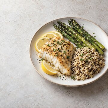 Baked White Fish Fillet with Quinoa, Asparagus and Lemon