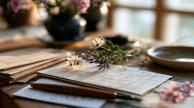 A rustic wooden table holds handwritten letters  delicate wildflowers  and a pen under soft natural light from a window