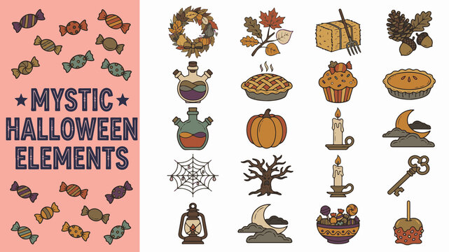 Halloween icons set. Mystic autumn holiday vectors isolated on White Background. Illustrations