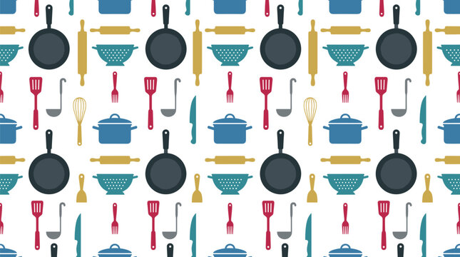 Kitchen utensils seamless pattern vector background featuring colorful icons of frying pans pots rolling pins spatulas ladles and knives.