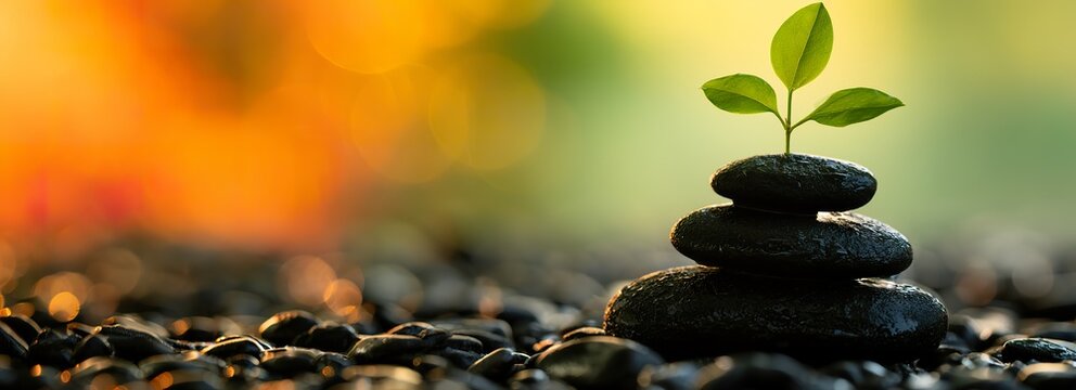 Balanced stones with a vibrant green plant growing on top representing harmony growth and peaceful meditation in nature