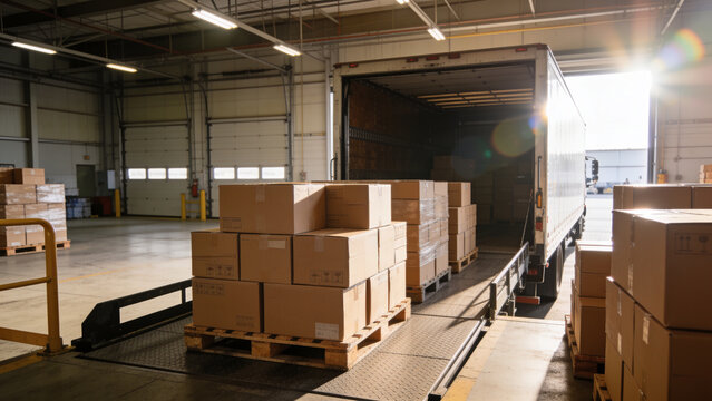 Palletized cardboard boxes being loaded into a delivery truck at a spacious industrial warehouse loading dock, daylight and logistics workflow concept.