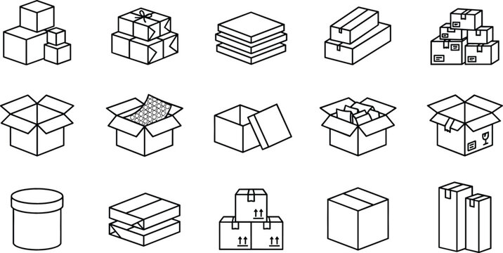 Cardboard box outline vector icon set showing packaging boxes stack opened container wrapped parcel and shipping delivery logistics items