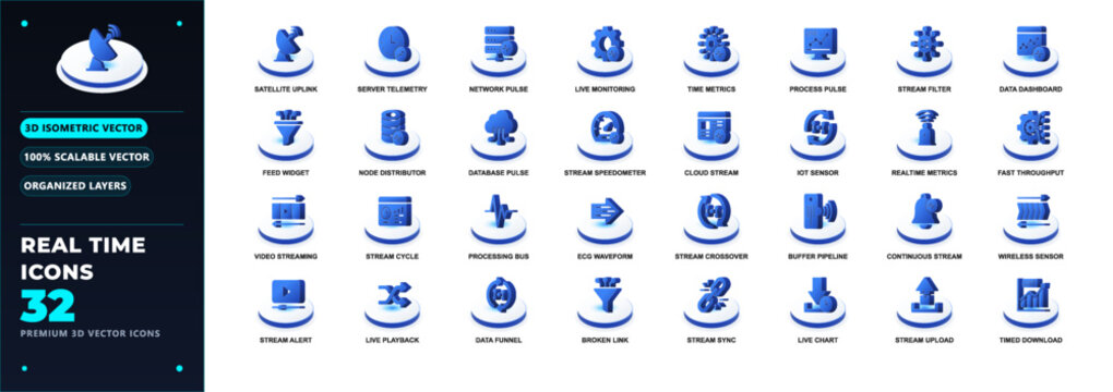 Real time data 3d icon set live stream telemetry monitoring feed processing dashboard metrics vector isolated