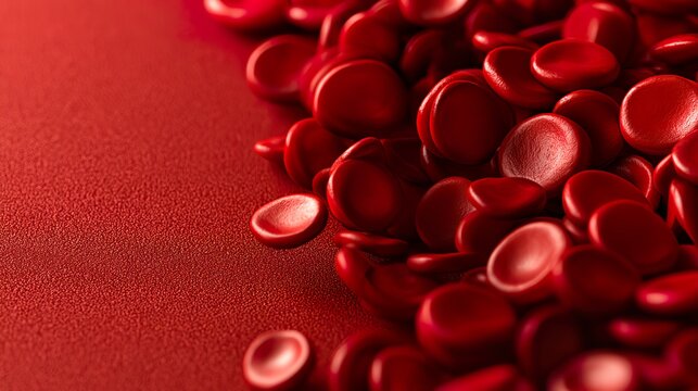A highly magnified microscopic image shows healthy red blood cells circulating within veins against a vibrant and colorful red gradient backdrop