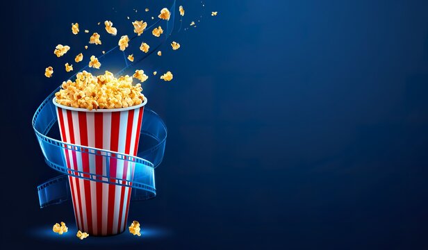 Golden popcorn bursts and overflows from a classic red and white striped container on a dark blue gradient backdrop