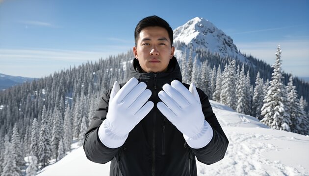 Young man wearing blank white ski gloves near a snowy mountain peak