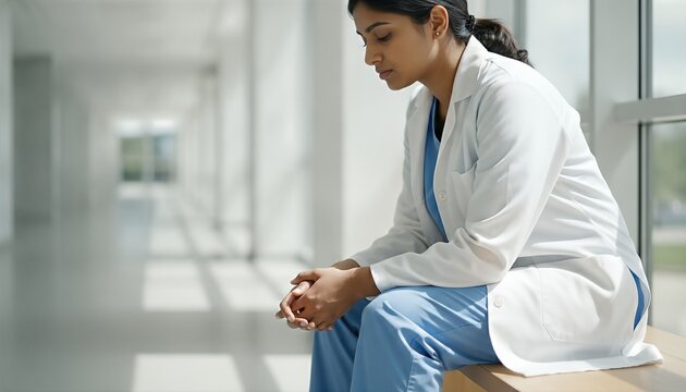 Young medical professional sitting on a modern corridor bench, leaning forward in a moment of quiet reflection and exhaustion