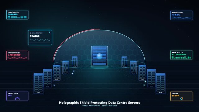 High-Tech Holographic Dome Protecting Data Streams in a Cybersecurity Server Hall