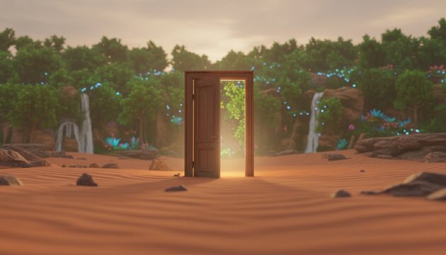 Open Wooden Door Revealing a Magical Forest with Waterfalls