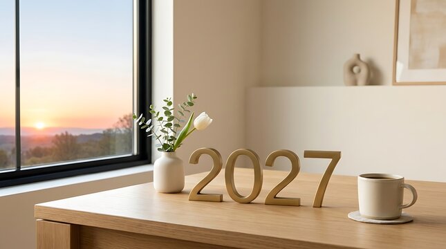 Decorative golden numbers 2027 placed on a wooden table near a window during a beautiful sunset evening