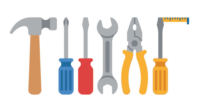 Set of six colorful hand tools including hammer, screwdrivers, wrench, pliers, and tape measure
