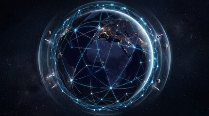Fototapeta premium Earth network shield against missiles and asteroids at night