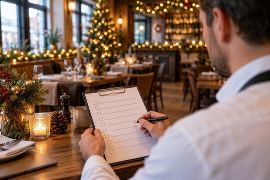 Restaurant manager reviewing checklist before Christmas service, holiday dining preparation, hospitality planning and seasonal business concept