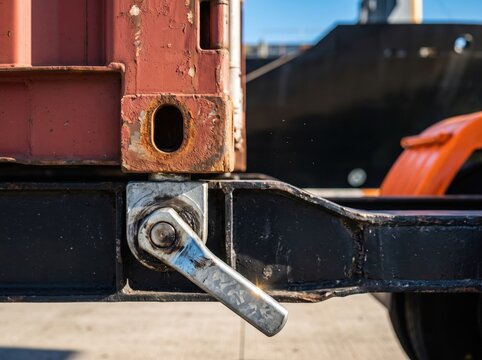 Metal twistlock securing rusty shipping container to truck chassis, freight distribution
