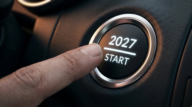 Close up of finger pressing a car start button with 2027 year text symbol new year concept