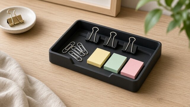 Desk organizer tray with paper clips and sticky notes still life