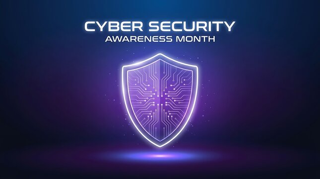 Glowing shield symbol with circuit board lines represents cybersecurity awareness month in october purple and blue futuristic design.