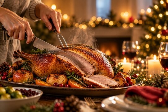 Carving roast turkey at festive Christmas dinner table, traditional holiday meal, family celebration and seasonal food concept