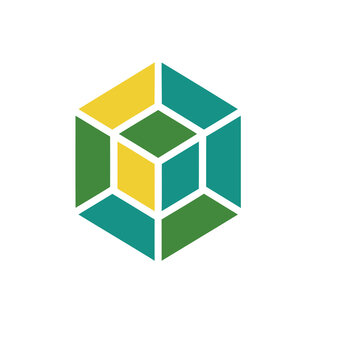 Geometric cube logo with green, teal, and yellow colors