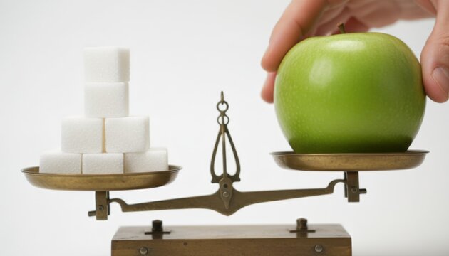 Balance Scale Comparing Sugar Cubes and Green Apple