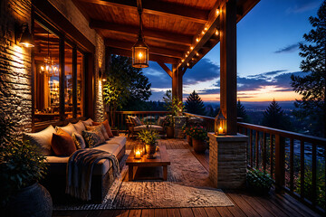 Obraz premium A cozy, warmly lit outdoor patio with comfortable seating overlooks a scenic sunset view.