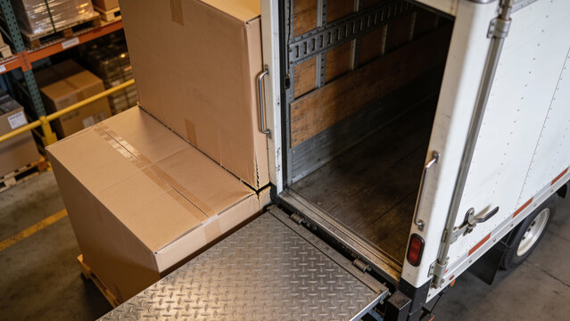 Stacked cardboard boxes next to an open delivery truck at an industrial warehouse loading dock, showing loading equipment and freight ready packaging.