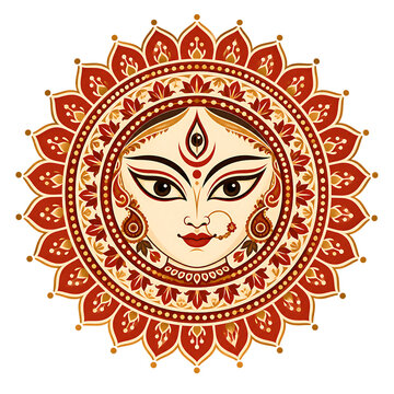 Decorative goddess durga face mandala with red gold floral patterns bengali festival art durga puja isolated on a transparent background