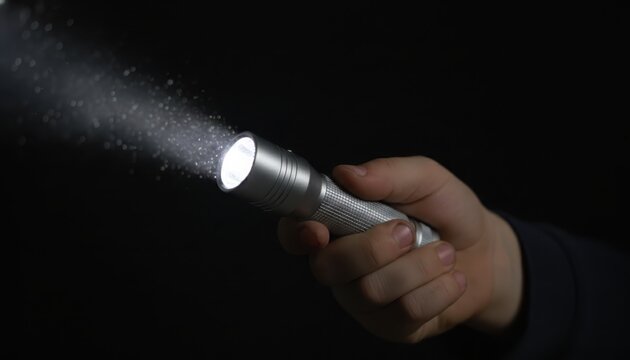 Hand Holding a Bright Shining Flashlight in Darkness