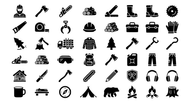 Lumberjack Solid Editable Icons Set with Logger Characters Outdoor Work and Forestry Equipment