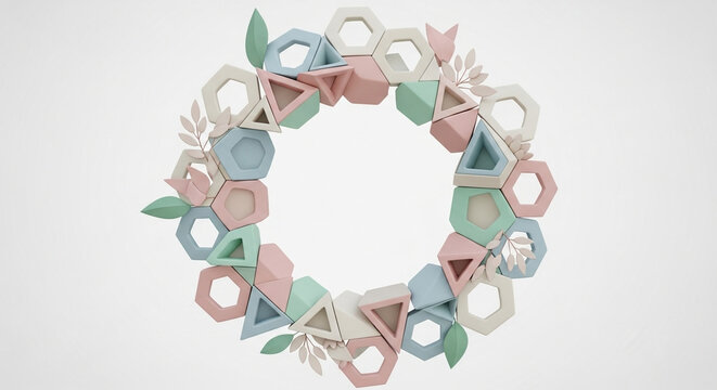 A circular arrangement of pastel geometric shapes forming an artistic floral crown structure featuring soft pinks and mint greens for festive seasonal greeting card designs and holiday displays