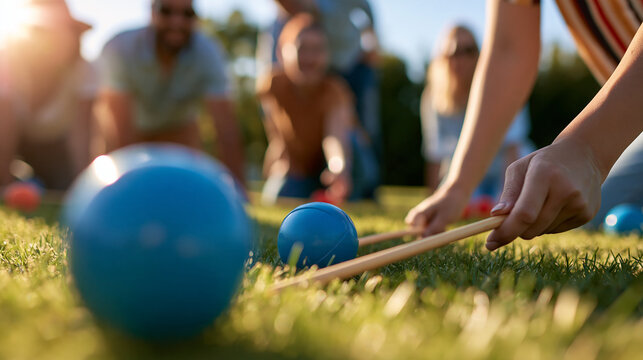 Group of colleagues playing a team building game with a ball and sticks to boost team spirit and friendship, outdoor corporate activity, group bonding, with copy space