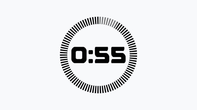 One minute digital countdown clock from 60 to 0 with rotating progress ring, bold numbers, clean white backdrop, simple motion graphic for presentations.
