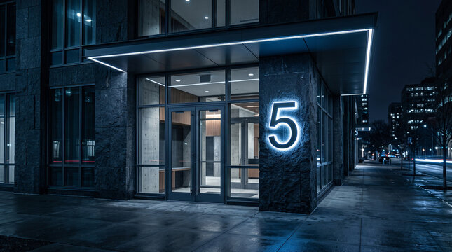 Modern building exterior with illuminated number five sign for commercial property or office space at night
