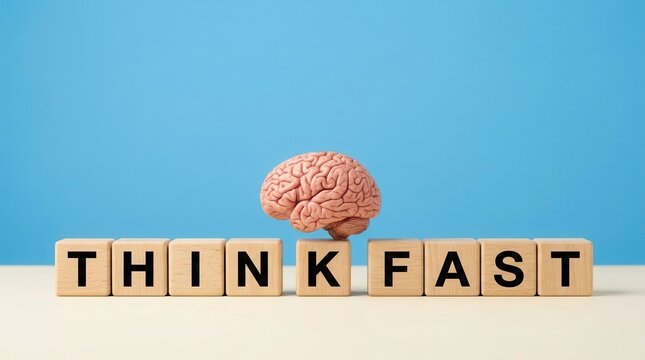 Concept of quick thinking and intelligence featuring wooden alphabet blocks and a human brain model.