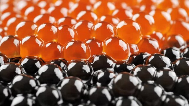 Vibrant orange and dark tapioca pearls close-up