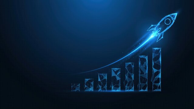Rocket launching above rising bar chart growth