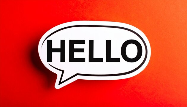 Bold Hello Text in Black Capital Letters Inside White Speech Bubble with Black Outline on Bright Red Background Representing Greeting Introduction and Communication
