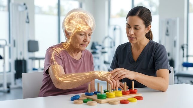 A senior patient undergoes stroke rehabilitation and occupational therapy sessions