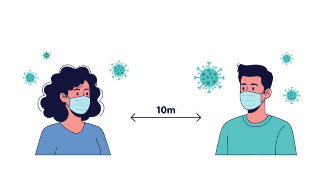 Woman and man keeping a safe distance of ten meters apart while wearing medical masks during coronavirus pandemic.