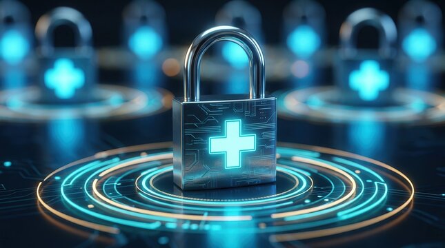 Digital healthcare security and privacy protection concept with a HIPAA compliant lock.