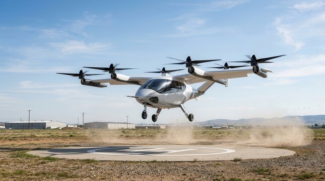 Modern electric air taxi performing a landing at a remote test pad.