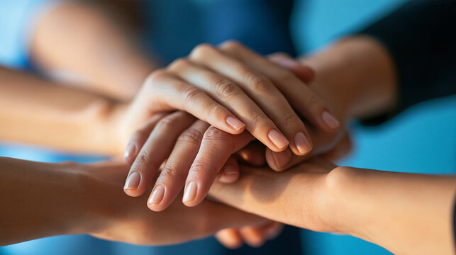Faceless diverse team joining hands together in a circle, unity, trust, teamwork, solidarity concept, with copy space