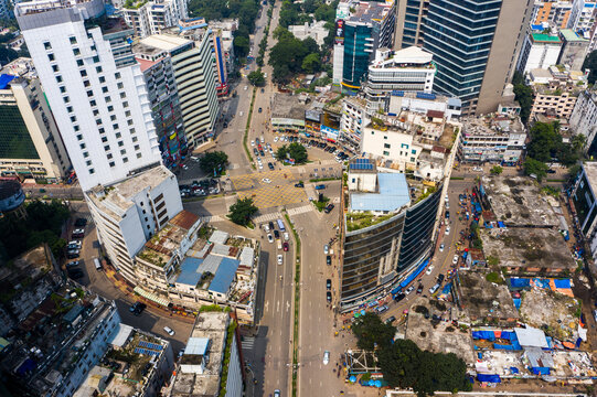 Aerial view of the busy Gulshan 2 intersection surrounded by modern high-rise buildings and urban infrastructure in Dhaka, Dhaka Division, Bangladesh.
