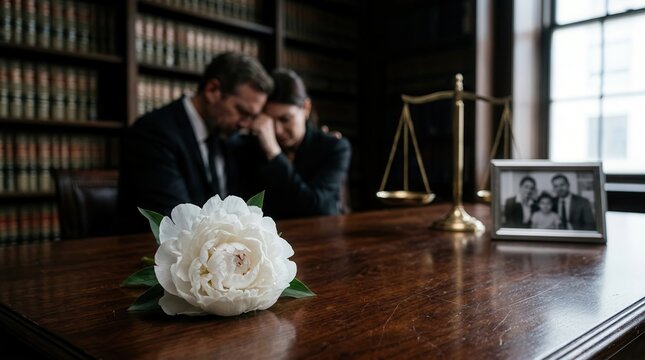 A single white flower on a wood desk near a blurred family photo and scales of justice representing wrongful death.