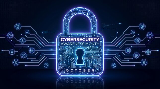 Cybersecurity awareness month october digital lock with circuit board patterns and icons on dark blue background digital concept.